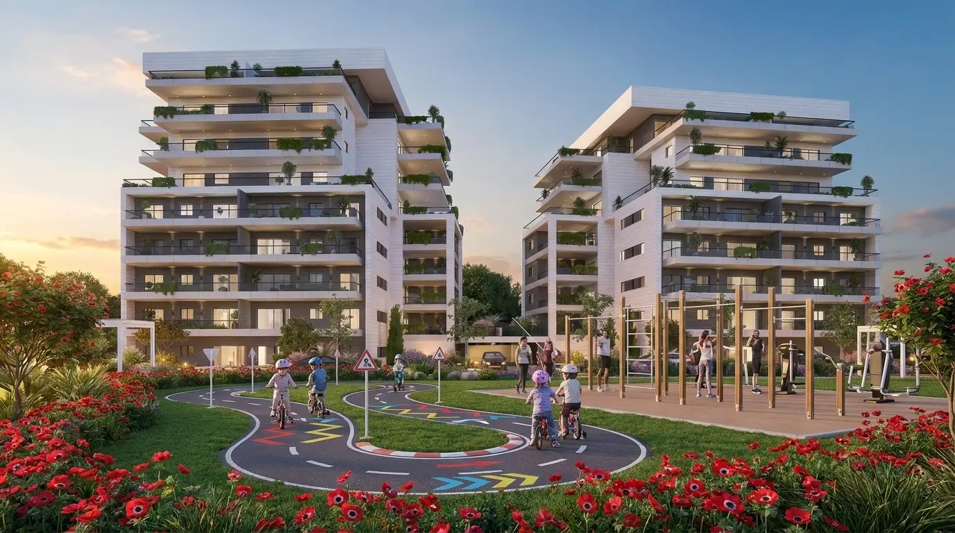 הדמיית מסלול אופניים לילדים בגינת הפרויקט לצד מתחם אימונים חיצוני