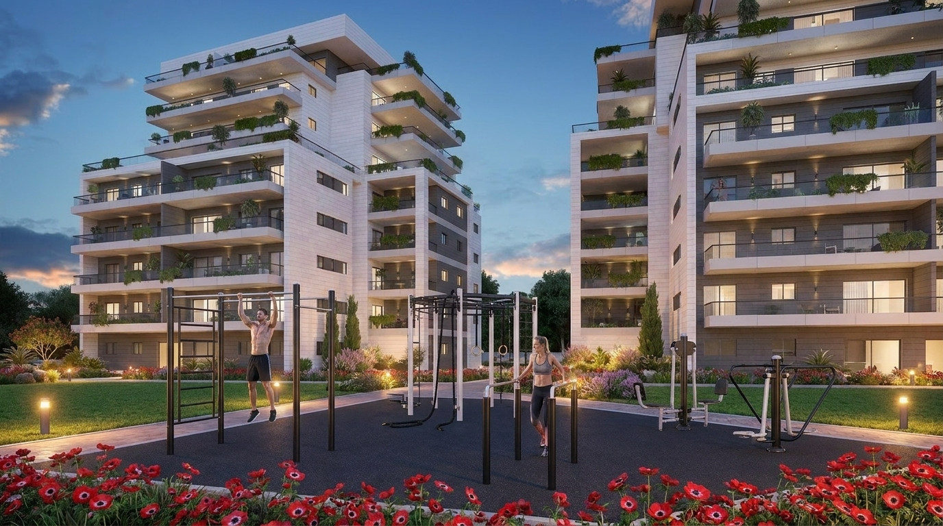 הדמיית מתחם אימונים חיצוני בין הבניינים בערב, עם מתקני כושר וגינת כלניות